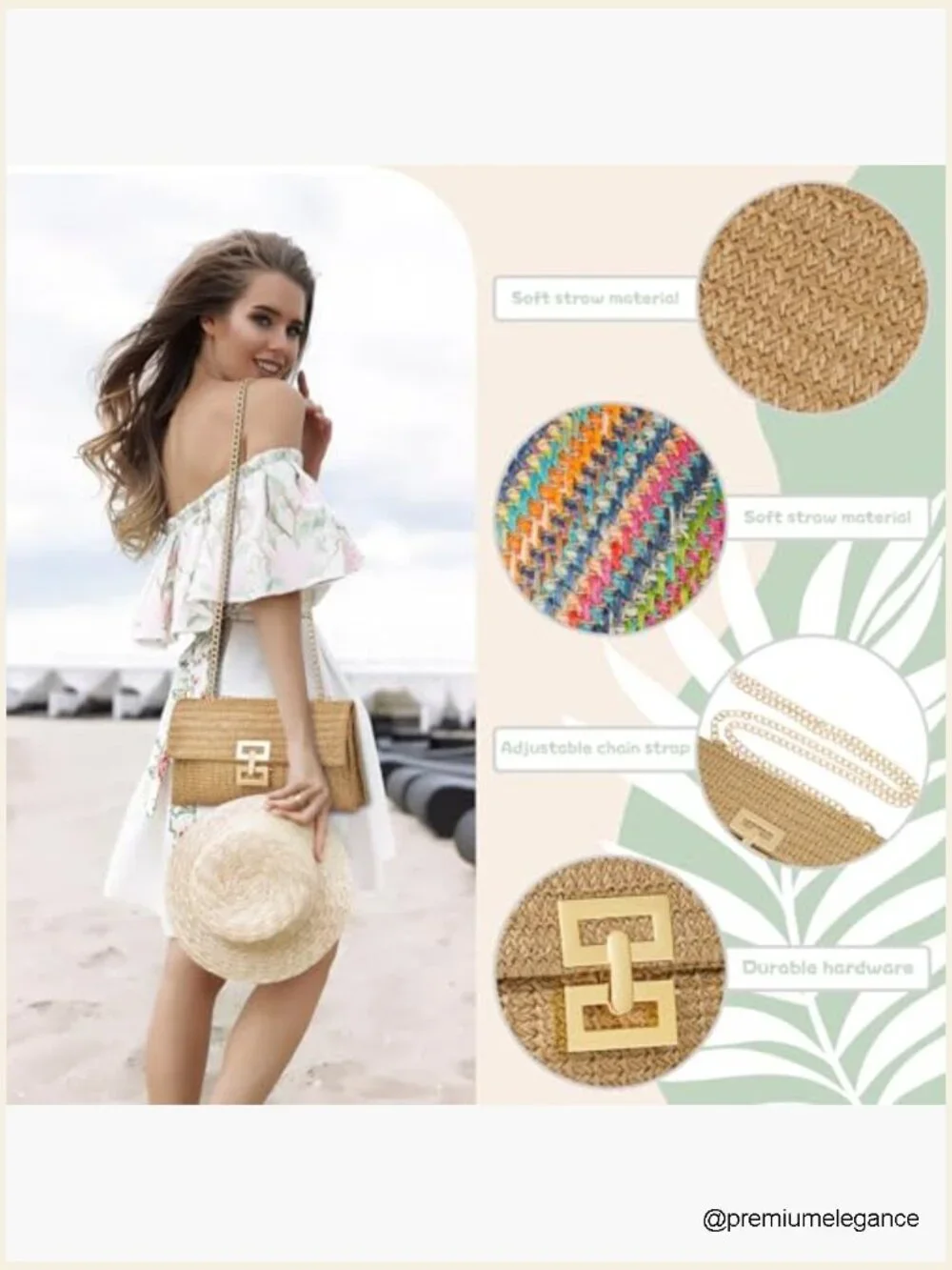 Handwoven Faux Straw Clutch Evening Bag Adjustable Chain Shoulder